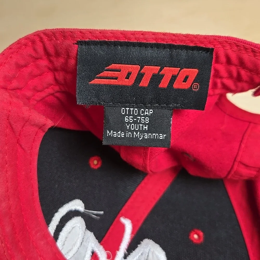 NW Youth Red Baseball Hat Embroidered White Letters Adjustable Otto Cap Stains‎